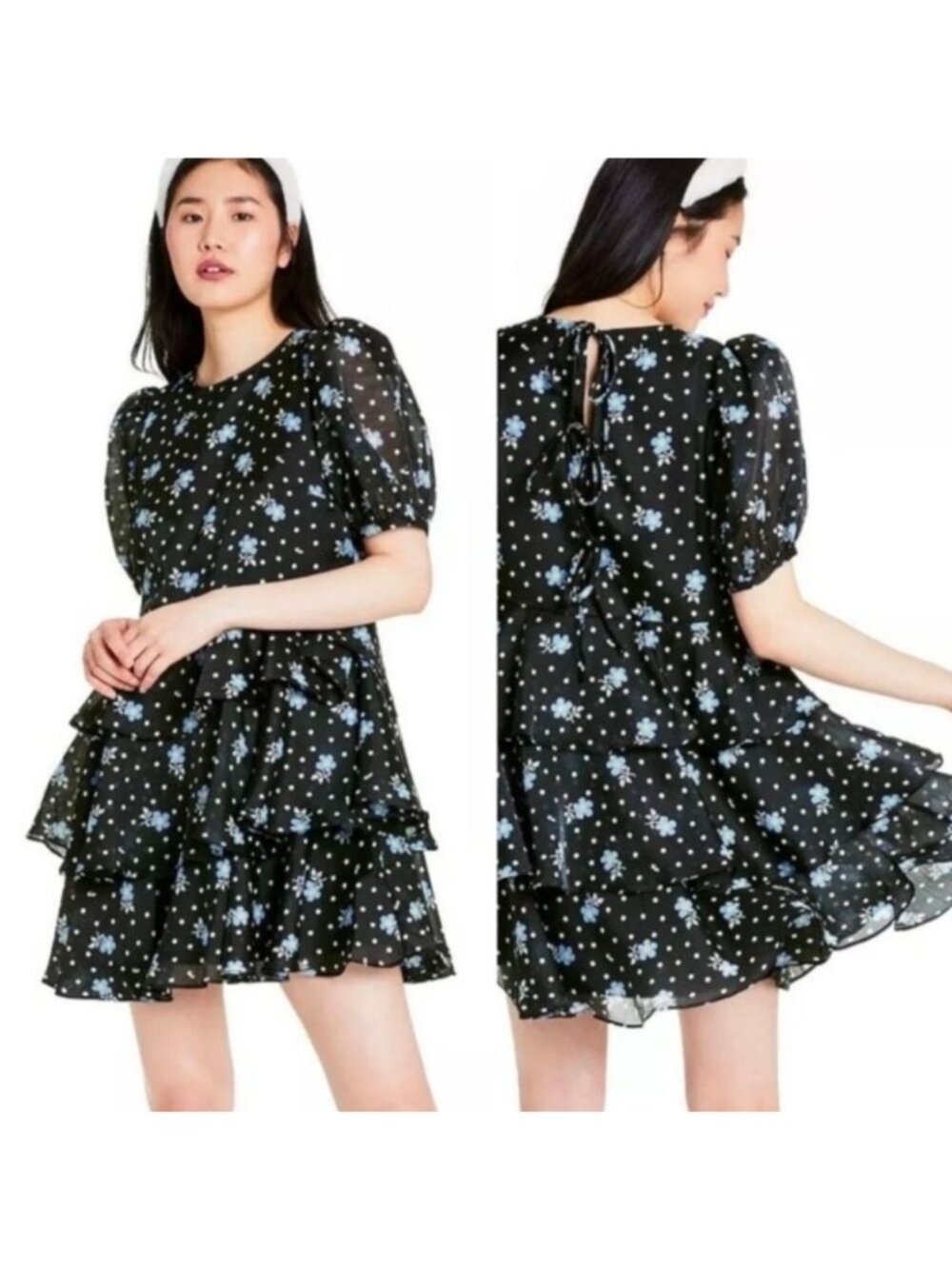 Sandy Liang x Target Black Floral Polka Dot Tiered Dress With Puff Sleeves Sz S